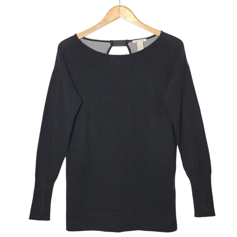 White + Warren 100% Cashmere Sweater Pullover Sheer Back Scoop Neck Black M